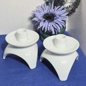 Pair of OMC Otagiri White Porcelain Tripod Taper Candle Holders MCM